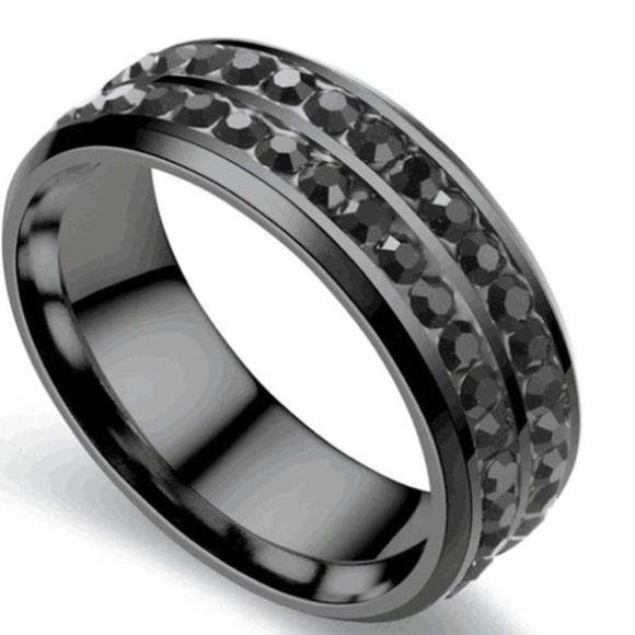 Men's Black Rhodium Over Stainless Steel and Sapphire Wedding Ring 10 - Picture 6 of 7